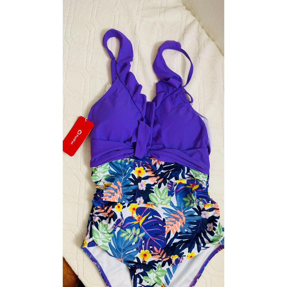 PatPat Girls Purple Folar One Piece Swimsuits Tropical Swimwear Bathing Suit